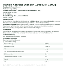 Produktinformationen – Haribo Konfekt Stangen 150Stück 1200g
