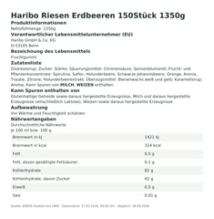 Produktinformationen – Haribo Riesen Erdbeeren 150Stück 1350g