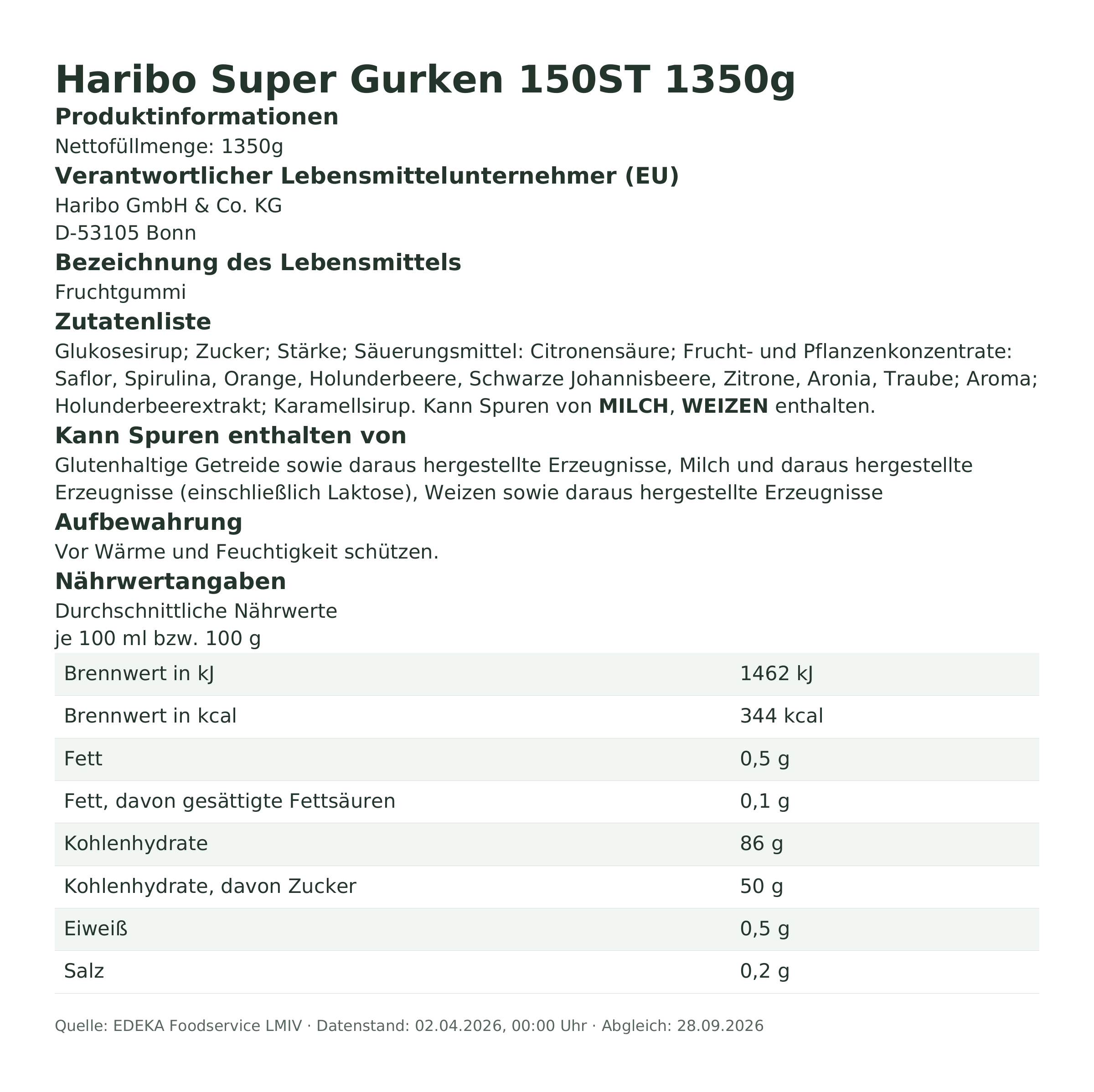 Produktinformationen – Haribo Super Gurken 150ST 1350g