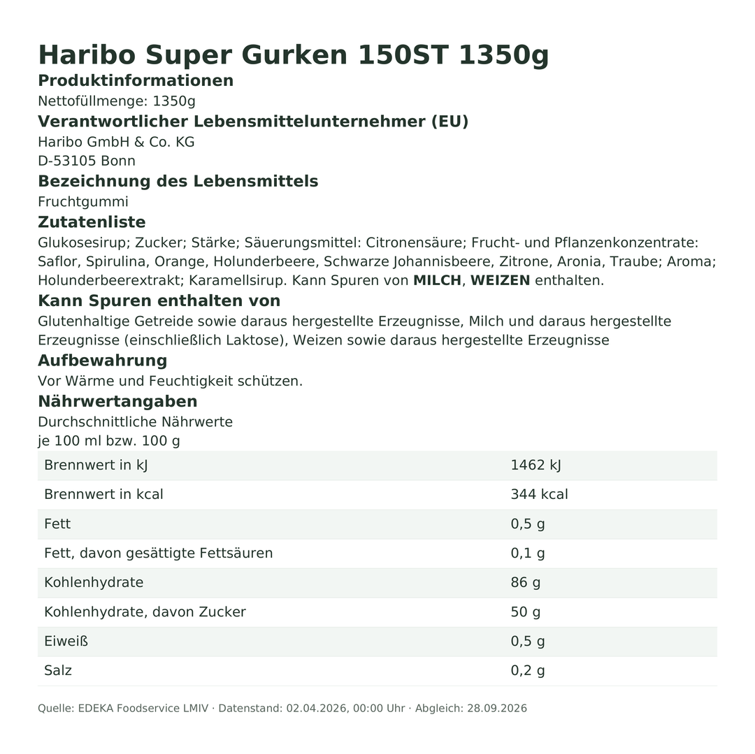 Produktinformationen zum Einzelprodukt – Haribo Super Gurken 150ST 1350g
