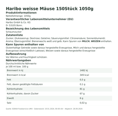 Produktinformationen – Haribo weisse Mäuse 150Stück 1050g