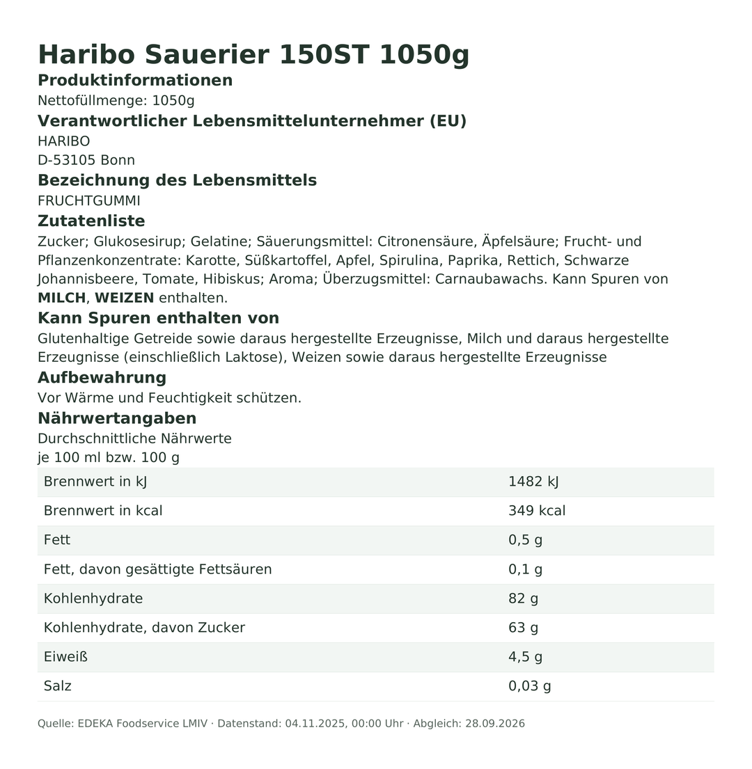 Produktinformationen – Haribo Sauerier 150ST 1050g