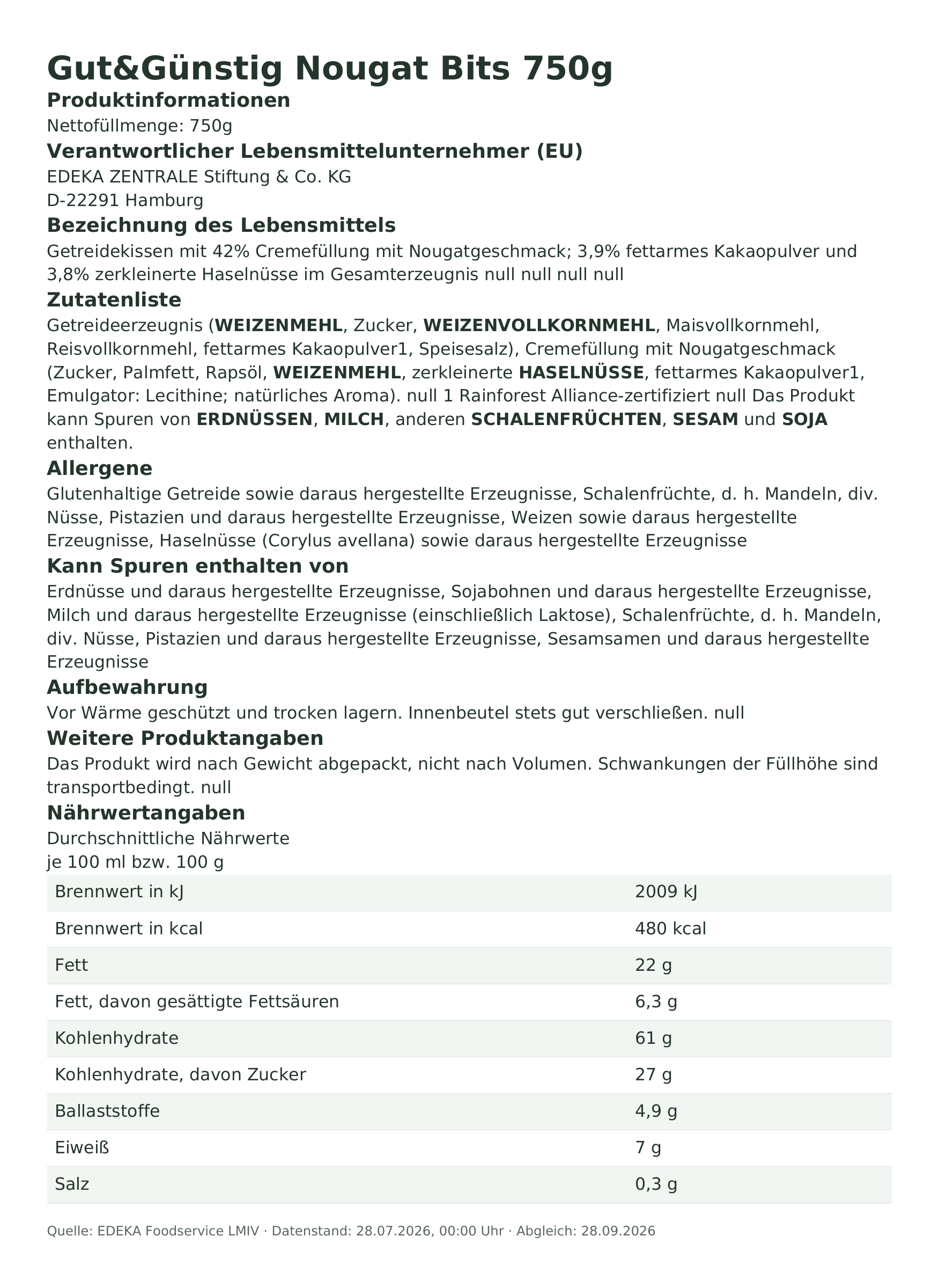 Produktinformationen – Gut&Günstig Nougat Bits 750g