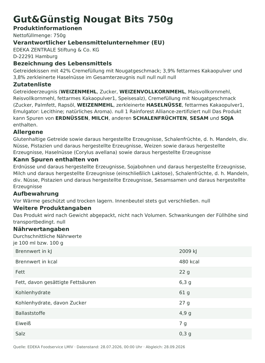 Produktinformationen zum Einzelprodukt – Gut&Günstig Nougat Bits 750g