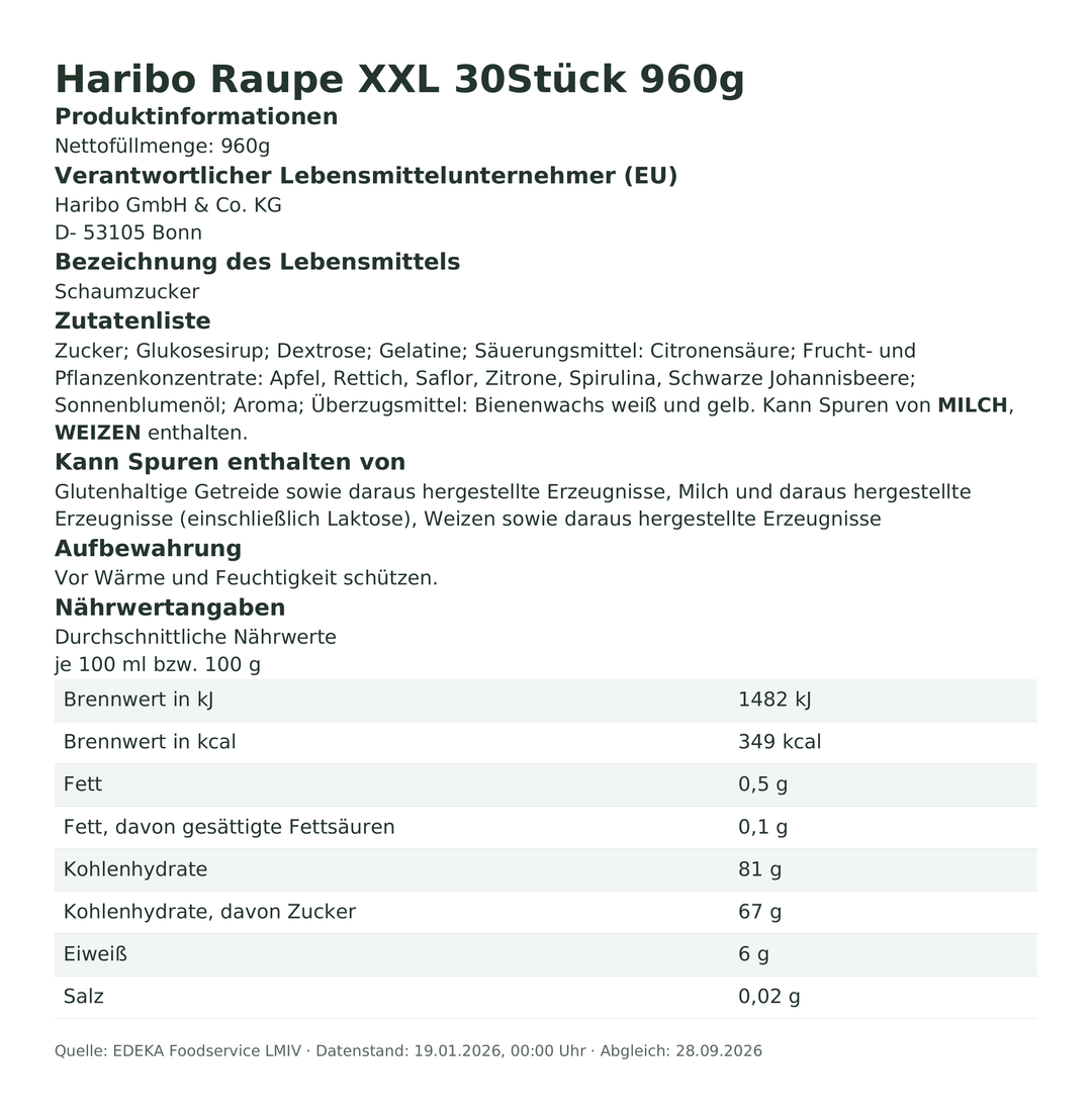 Produktinformationen zum Einzelprodukt – Haribo Raupe XXL 30Stück 960g