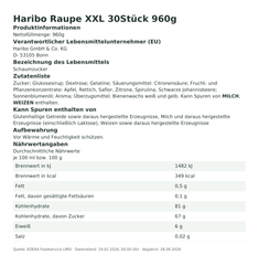 Produktinformationen – Haribo Raupe XXL 30Stück 960g