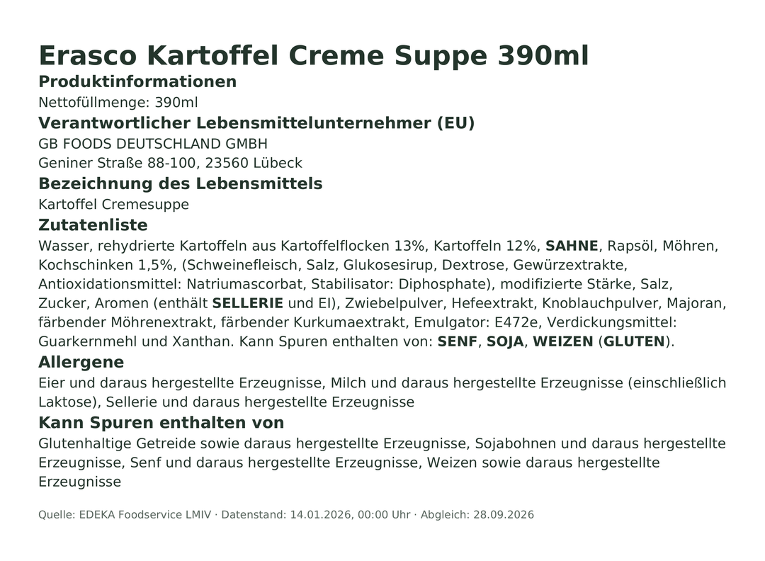 Produktinformationen – Erasco Kartoffel Creme Suppe 390ml