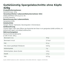 Produktinformationen – Gut&Günstig Spargelabschnitte ohne Köpfe 420g