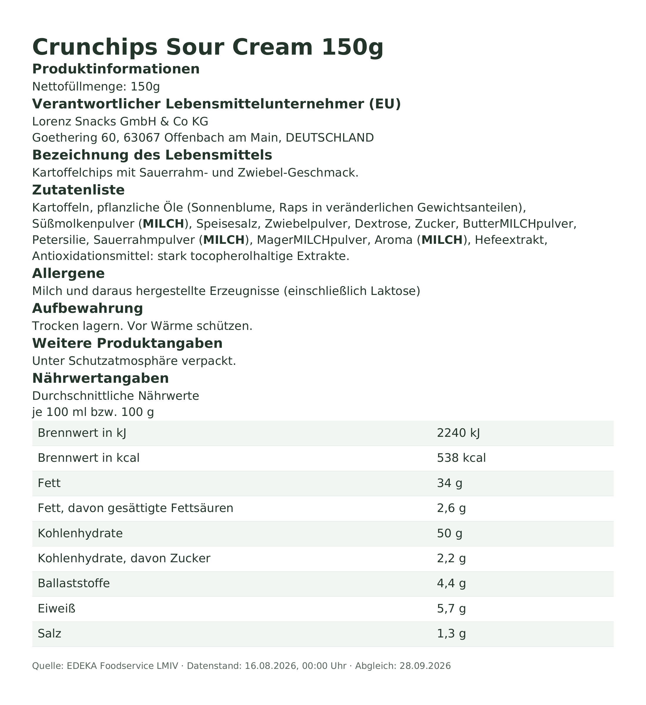 Produktinformationen – Crunchips Sour Cream 150g