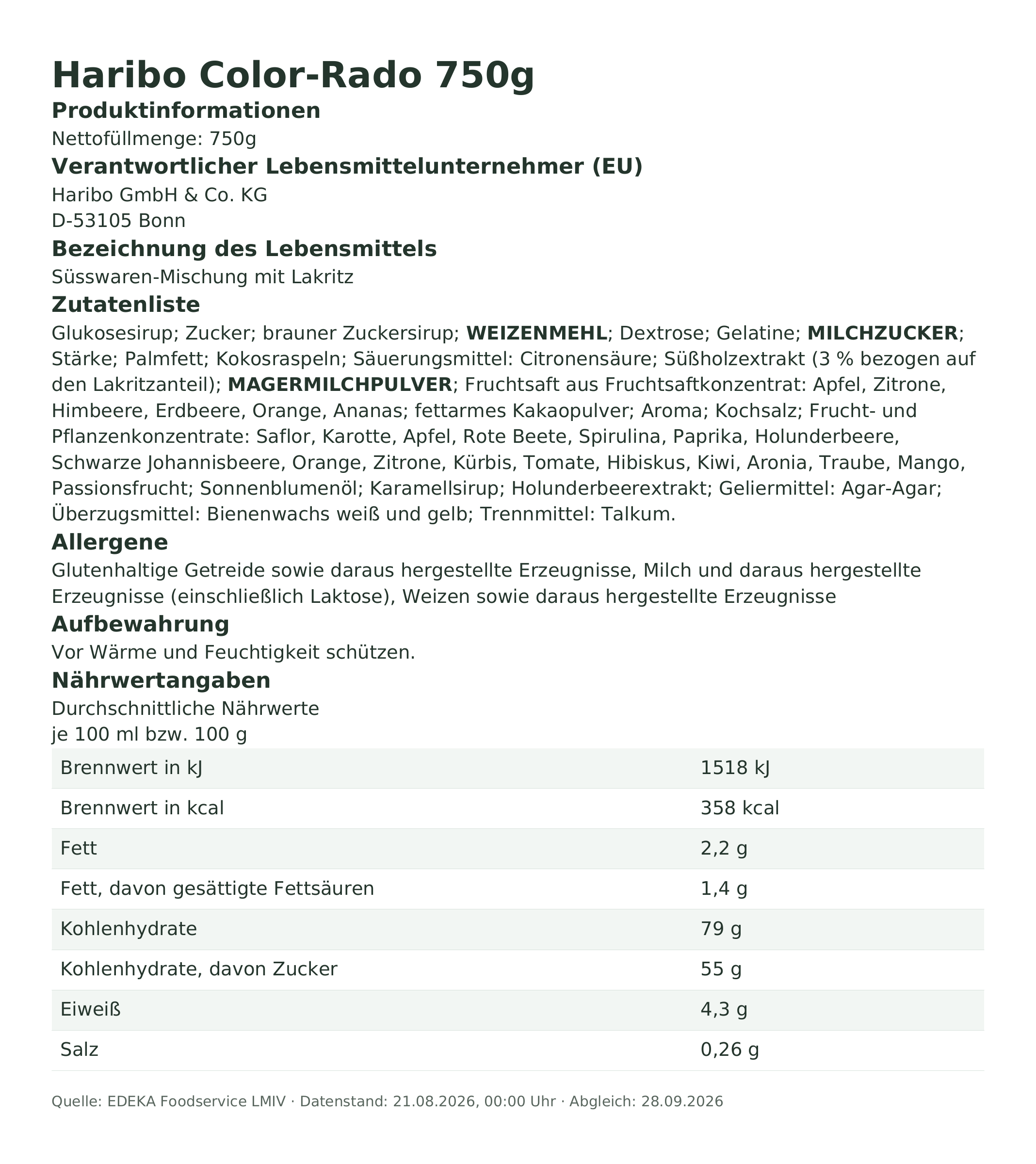 Produktinformationen – Haribo Color-Rado 750g