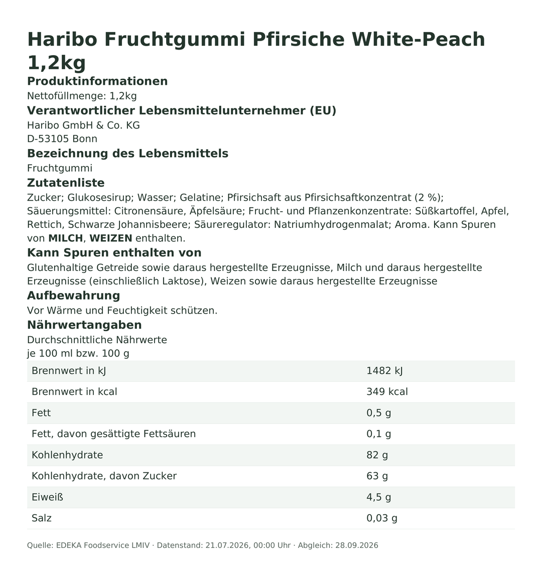 Produktinformationen – Haribo Fruchtgummi Pfirsiche White-Peach 1,2kg