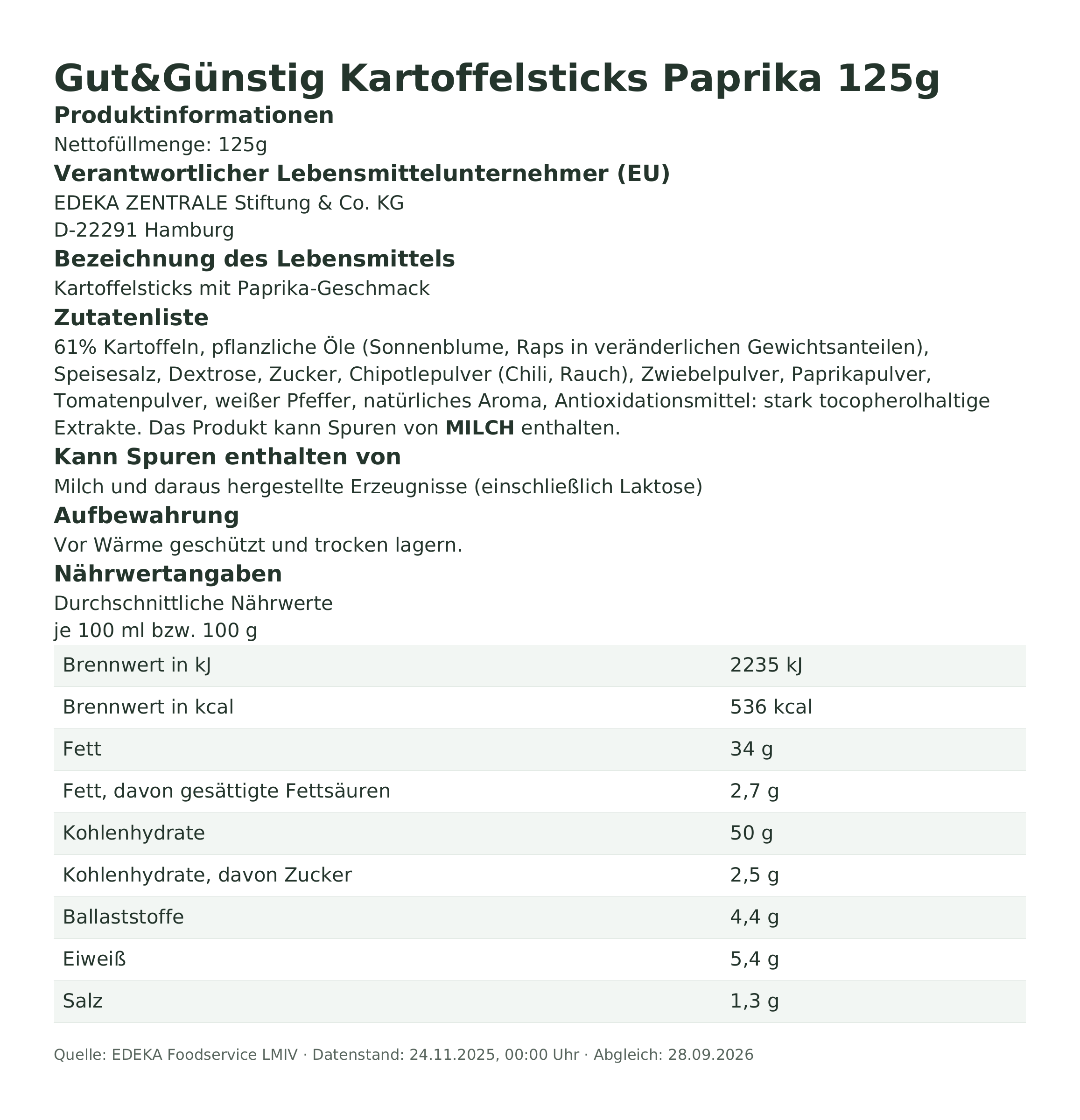 Produktinformationen – Gut&Günstig Kartoffelsticks Paprika 125g