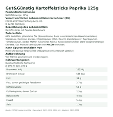 Produktinformationen – Gut&Günstig Kartoffelsticks Paprika 125g