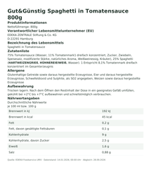 Produktinformationen – Gut&Günstig Spaghetti in Tomatensauce 800g