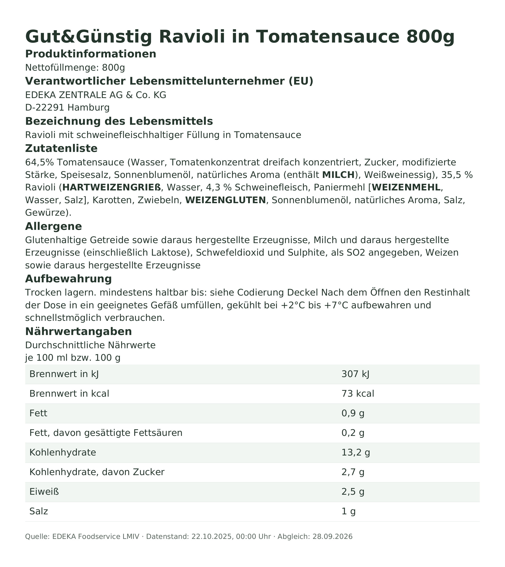 Produktinformationen – Gut&Günstig Ravioli in Tomatensauce 800g