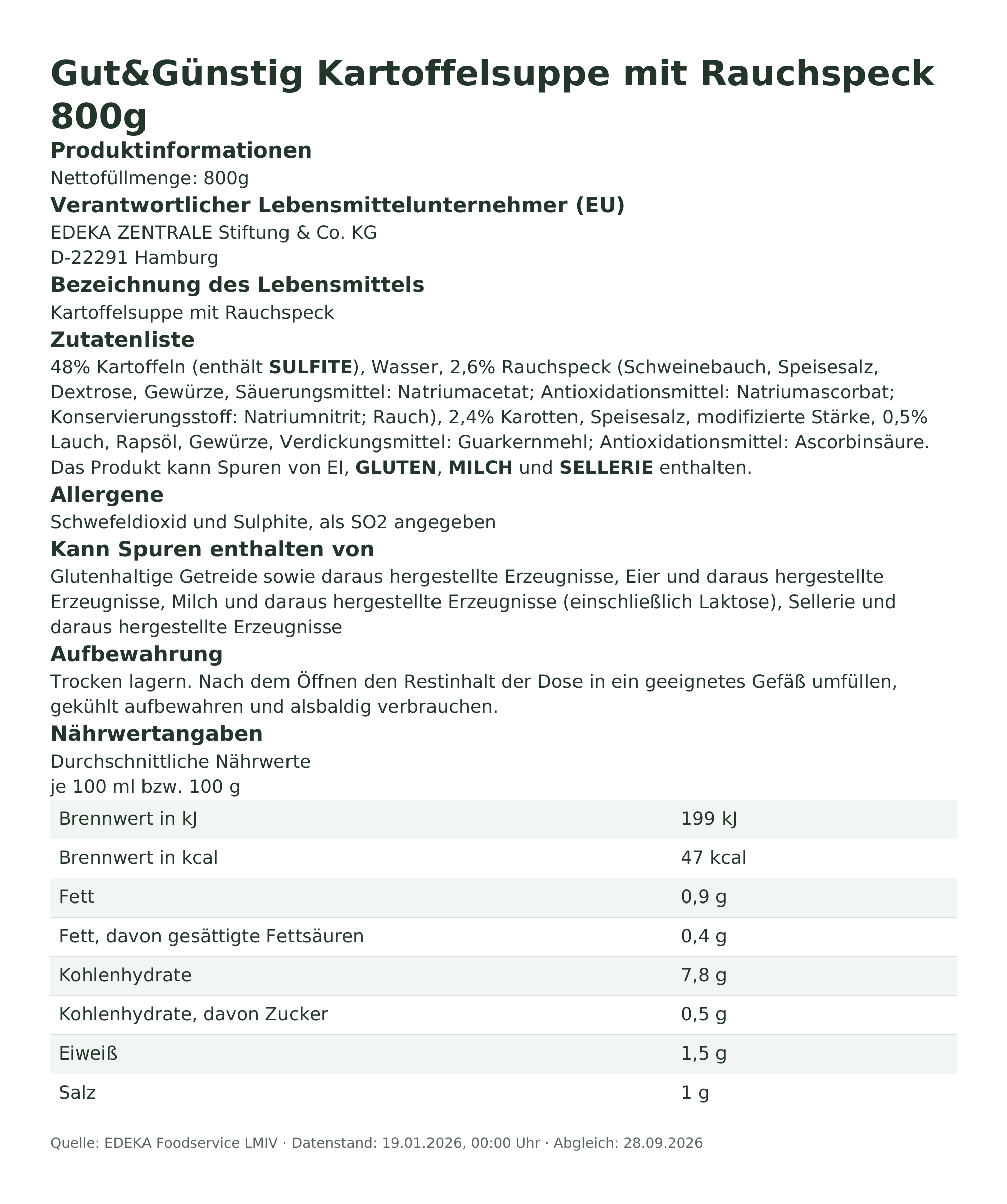 Produktinformationen – Gut&Günstig Kartoffelsuppe mit Rauchspeck 800g