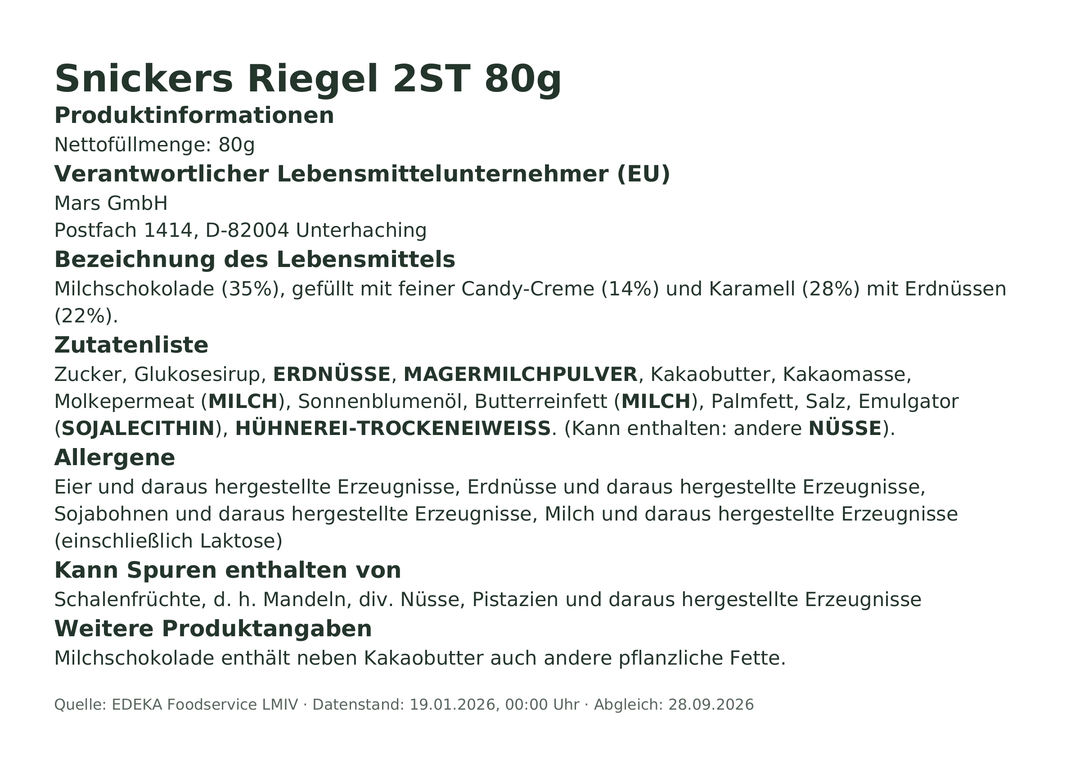 Produktinformationen – Snickers Riegel 2ST 80g
