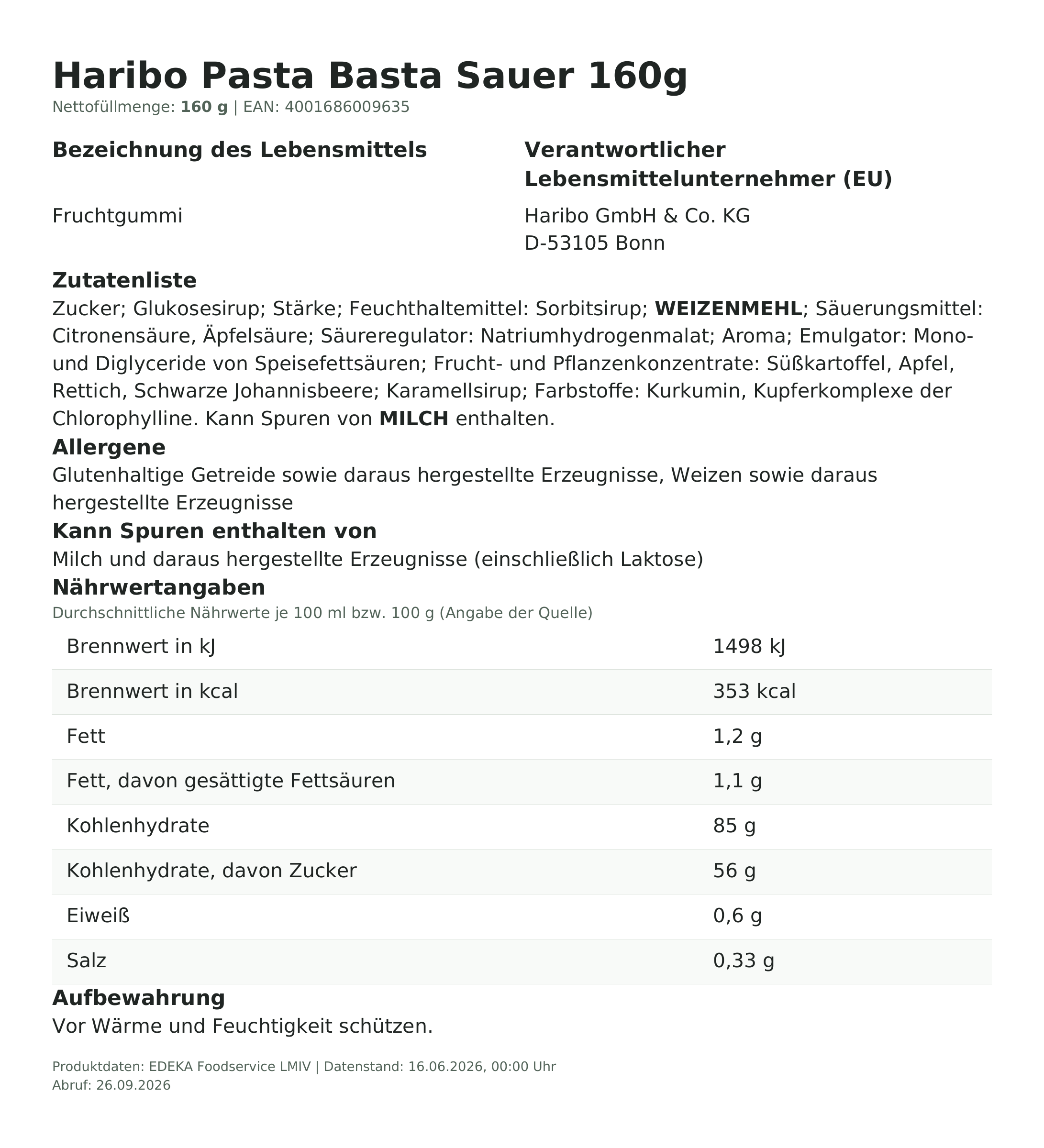 Lebensmittelinformationen: Haribo 160g Pasta Basta Sauer Vegan