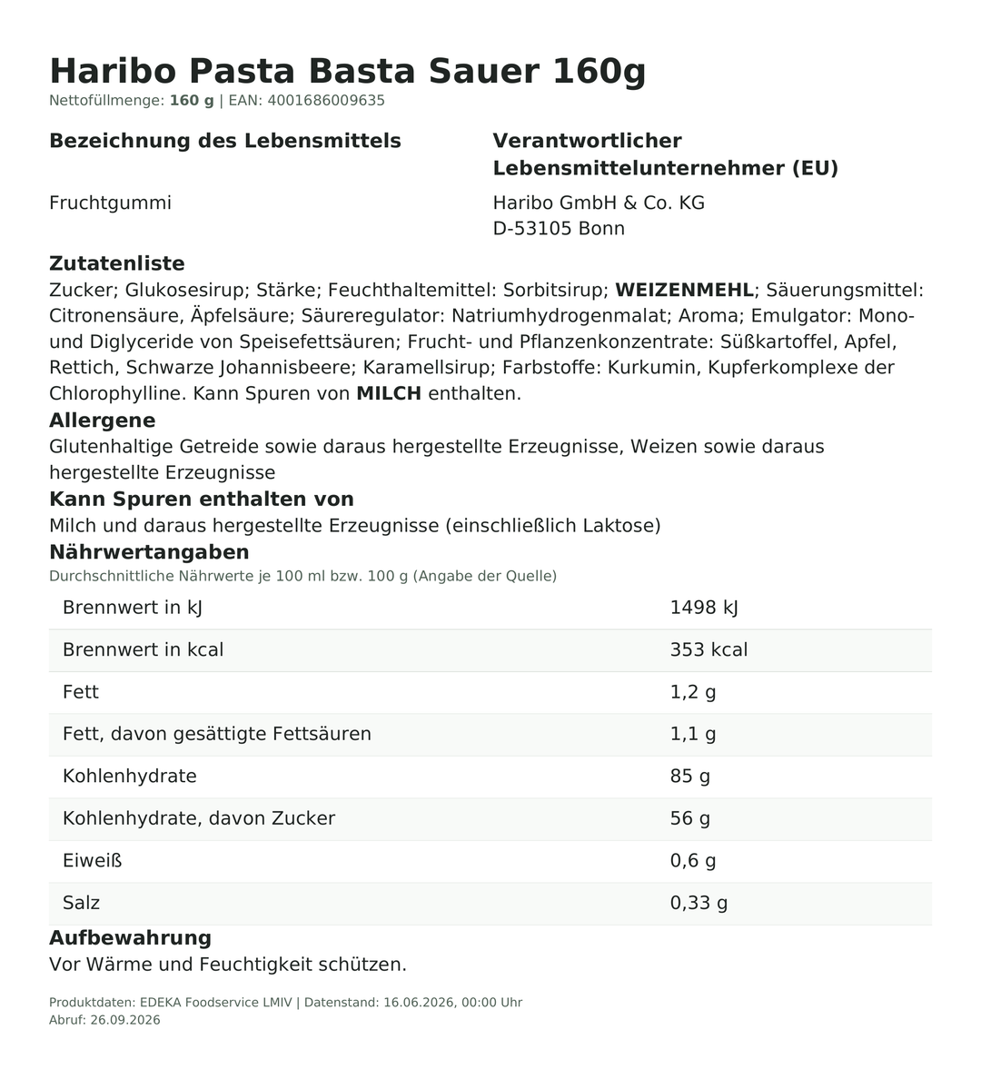 Produktinformationen zum Einzelprodukt – Haribo Pasta Basta Sauer 160g