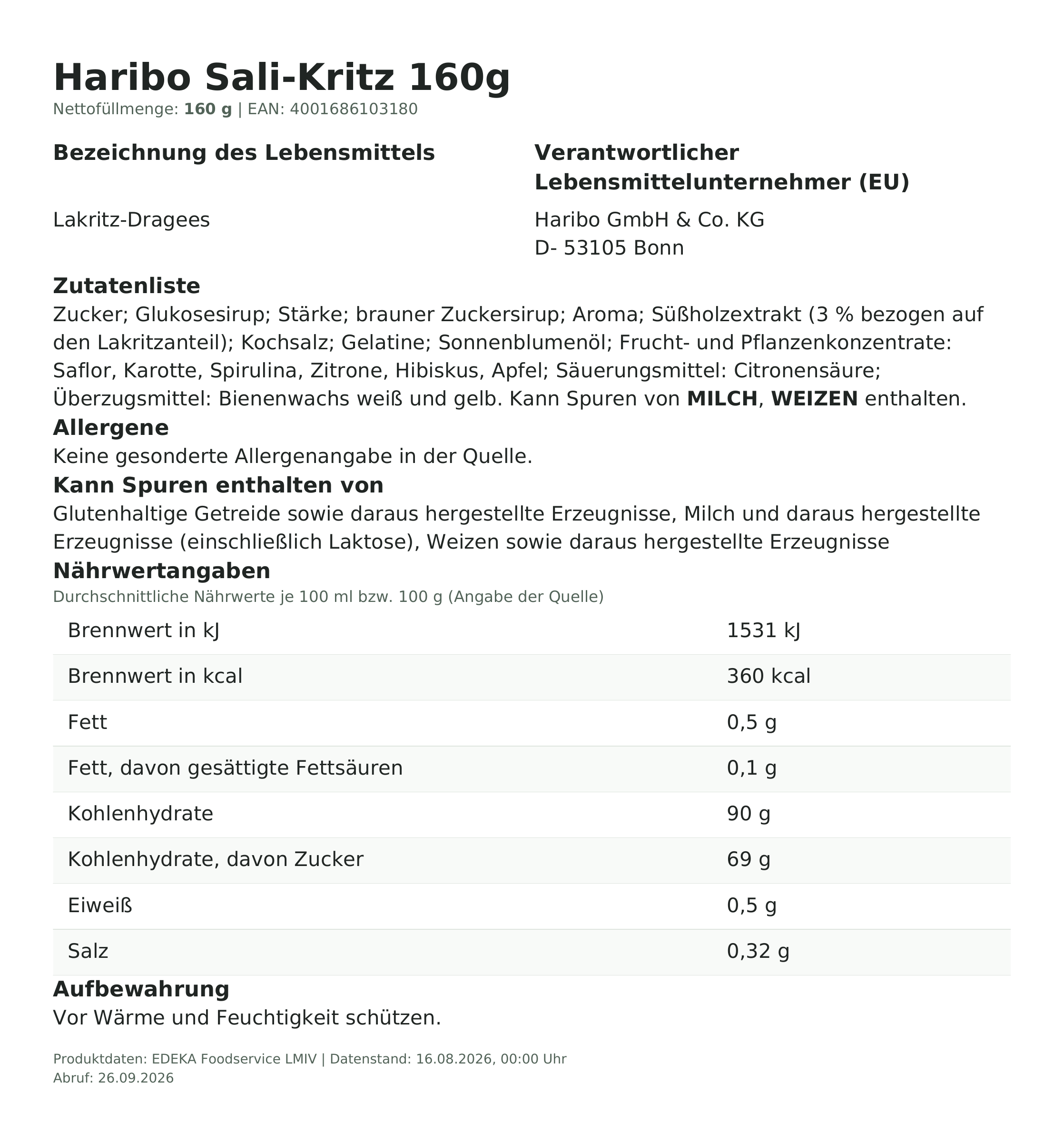 Lebensmittelinformationen: Haribo 160g Sali Kritz