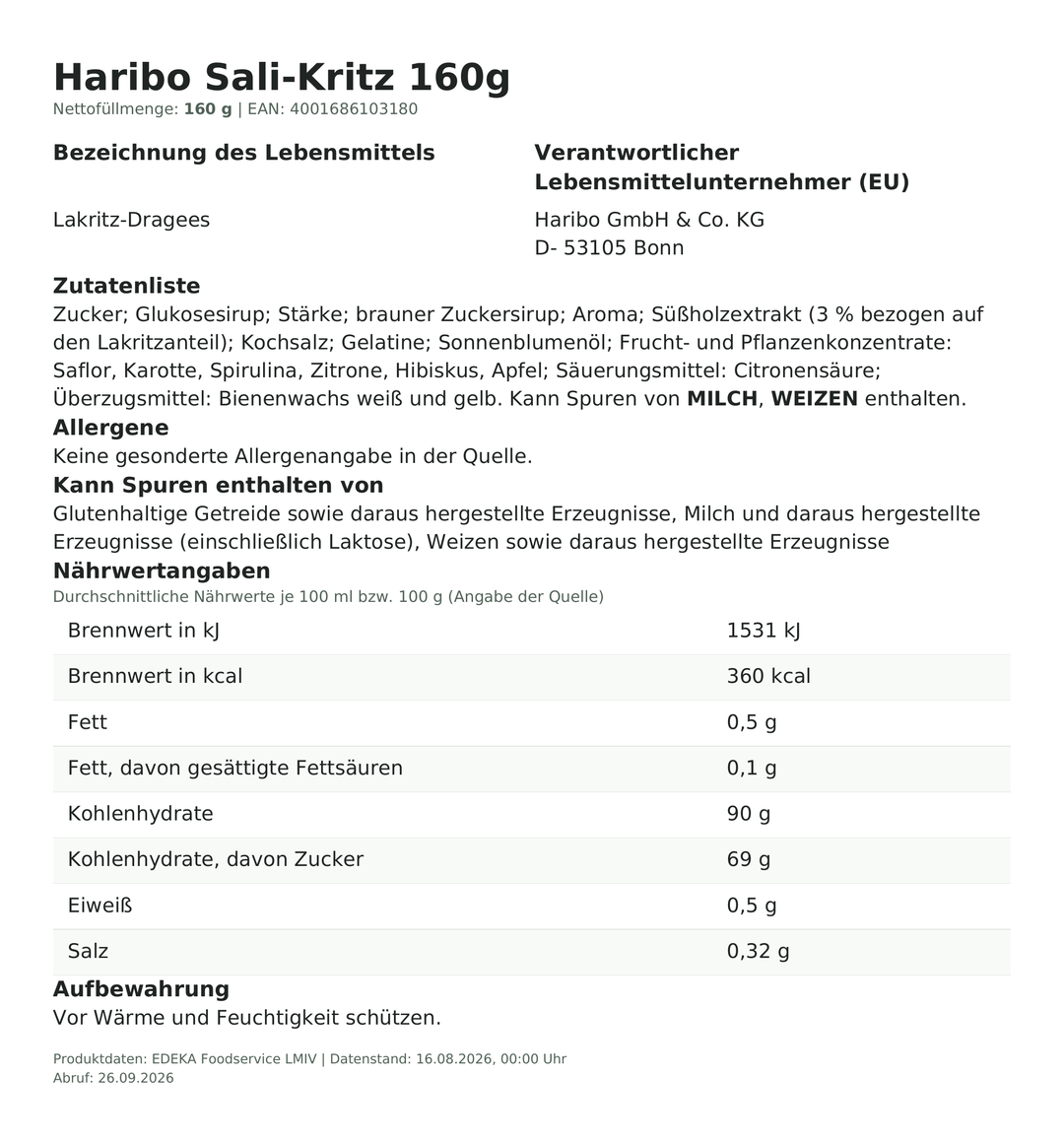 Produktinformationen zum Einzelprodukt – Haribo Sali-Kritz 160g