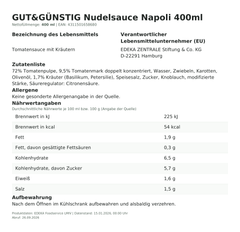 Lebensmittelinformationen: G&G Nudelsauce Napoli 400ml