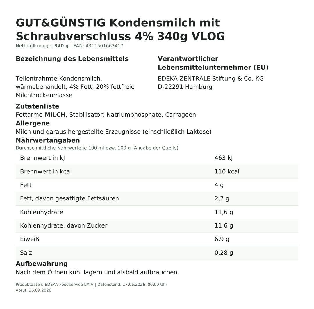 Produktinformationen zum Einzelprodukt – Gut&Günstig Kondensmilch mit Schraubverschluss 4% 340g VLOG