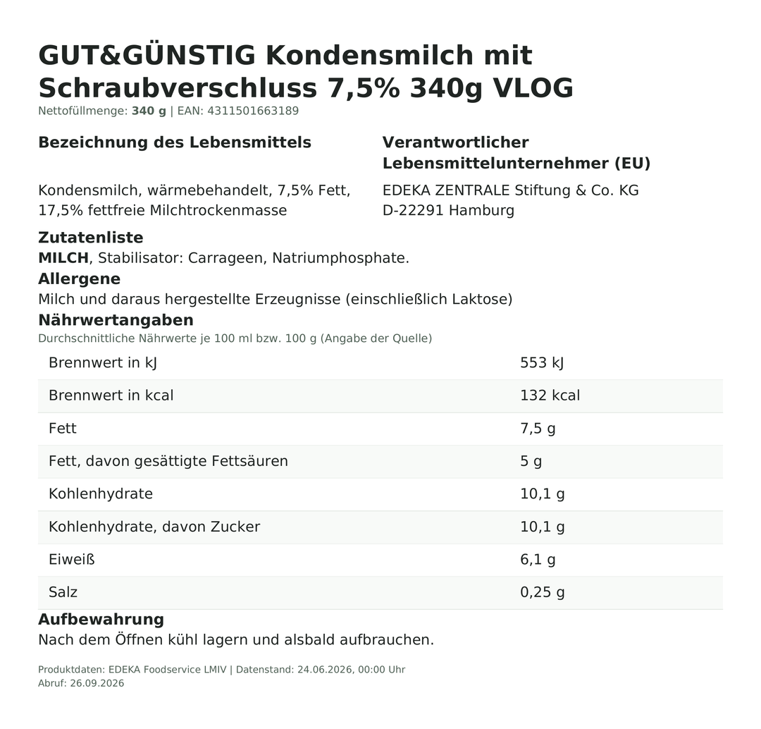 Produktinformationen zum Einzelprodukt – Gut&Günstig Kondensmilch mit Schraubverschluss 7,5% 340g VLOG