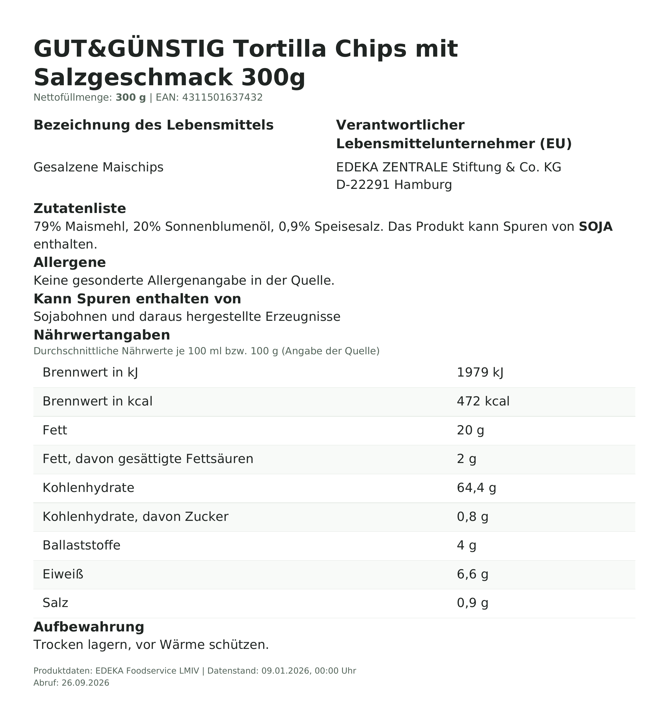 Lebensmittelinformationen: G&G Tortillachips gesalzen 300g