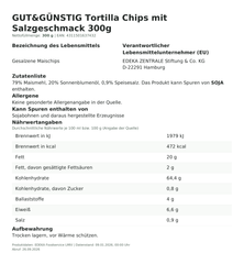Lebensmittelinformationen: G&G Tortillachips gesalzen 300g