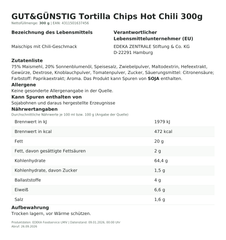 Lebensmittelinformationen: G&G Tortillachips Chili 300g