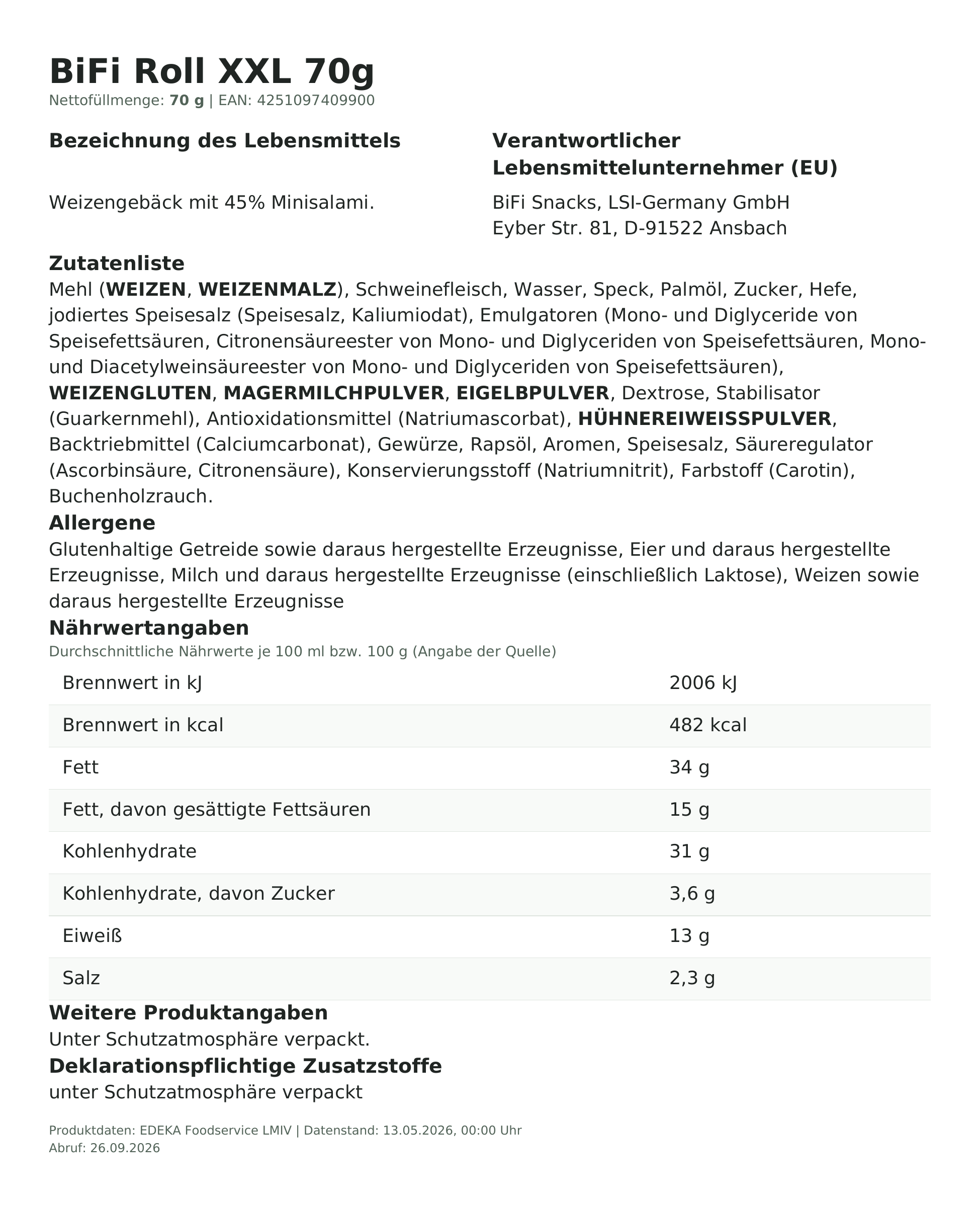 Lebensmittelinformationen: * BiFi Roll XXL 70g