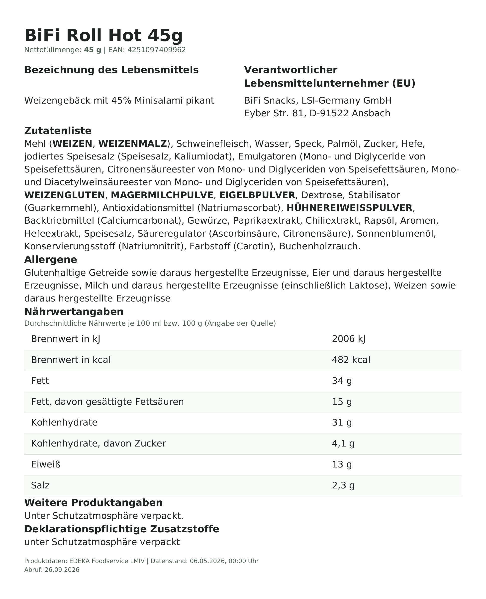 Lebensmittelinformationen: * BiFi Roll HOT 45g