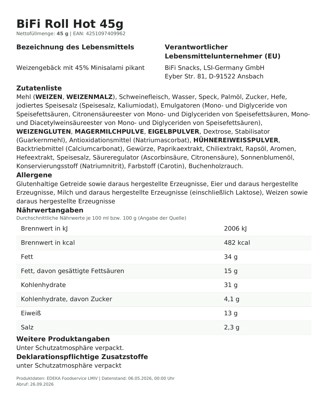Produktinformationen – BiFi Roll Hot 45g