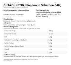 Lebensmittelinformationen: GUT&GÜNSTIG Jalapeno in Scheiben 340g