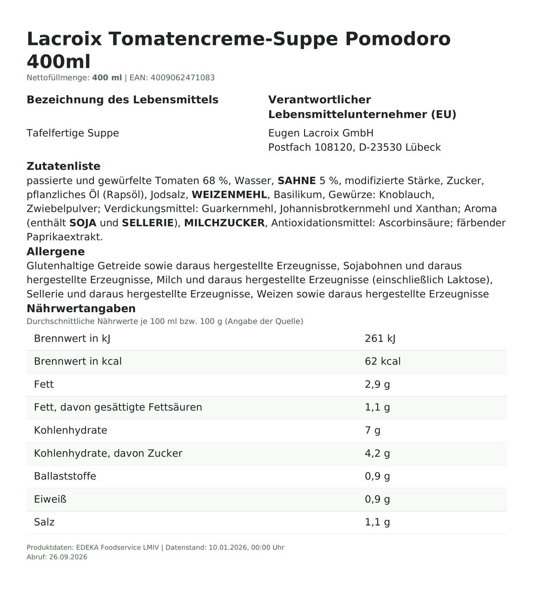 Produktinformationen zum Einzelprodukt – Lacroix Tomatencreme-Suppe Pomodoro 400ml