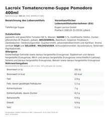 Lebensmittelinformationen: Lacroix Suppe Tomatencreme 400ml