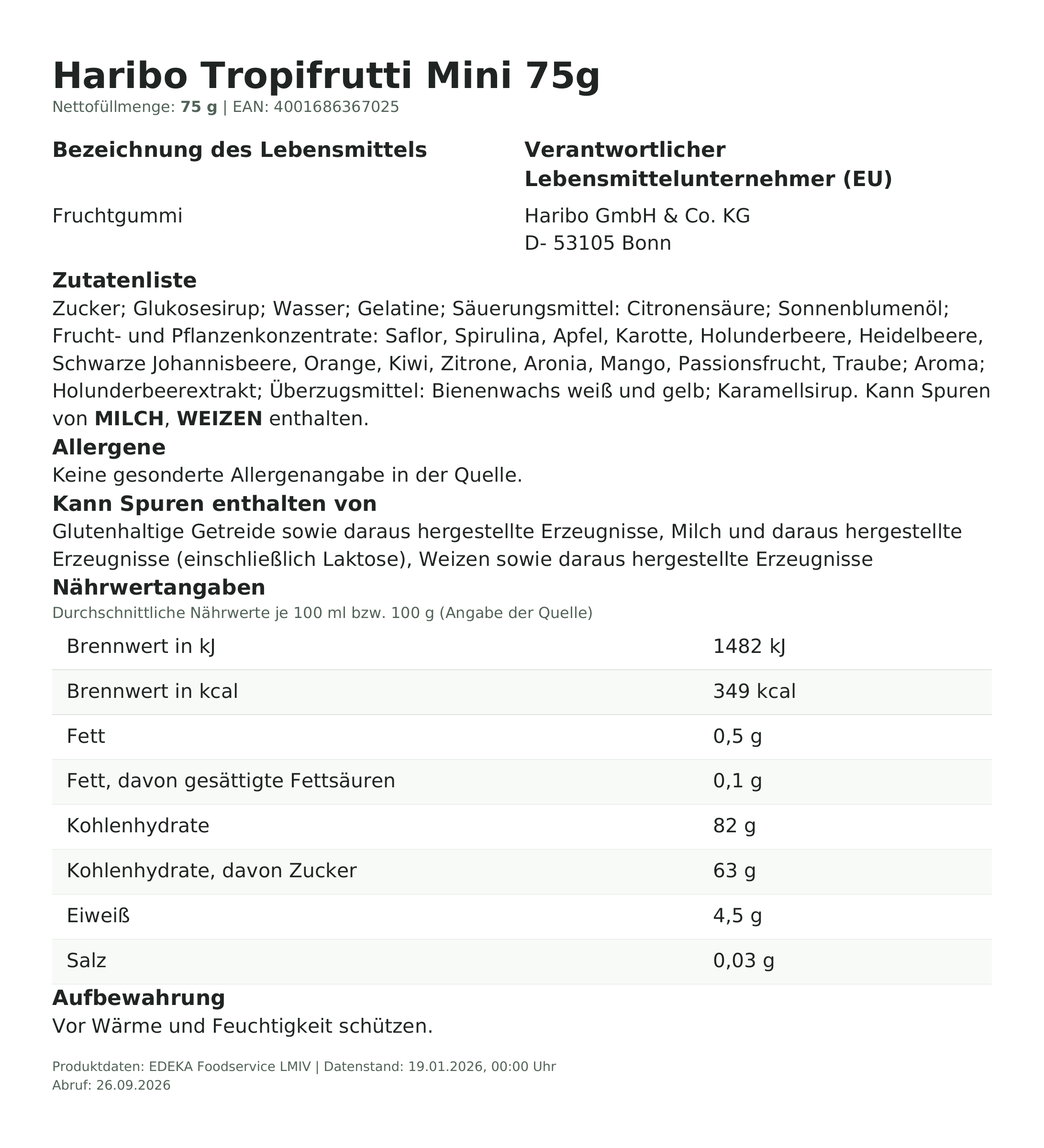 Lebensmittelinformationen: Haribo Tropifrutti 75g