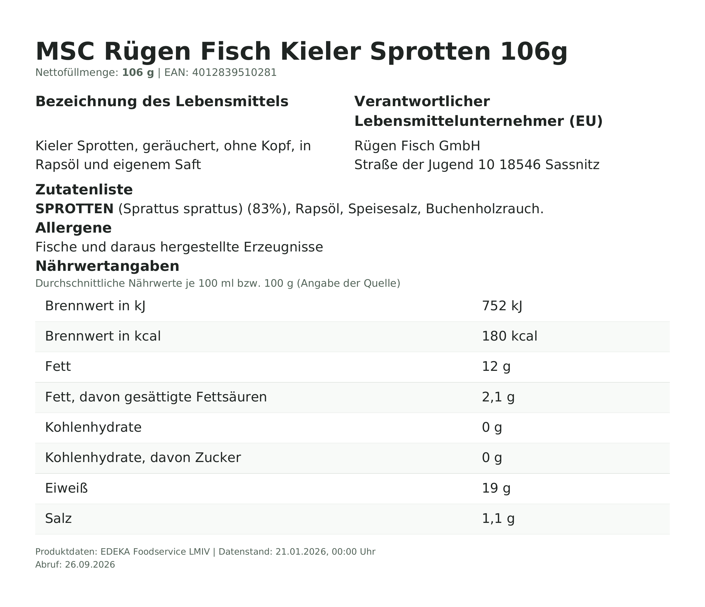 MSC Rügen Fisch Kieler Sprotten 106g – Lebensmittelangaben