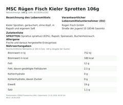 MSC Rügen Fisch Kieler Sprotten 106g – Lebensmittelangaben
