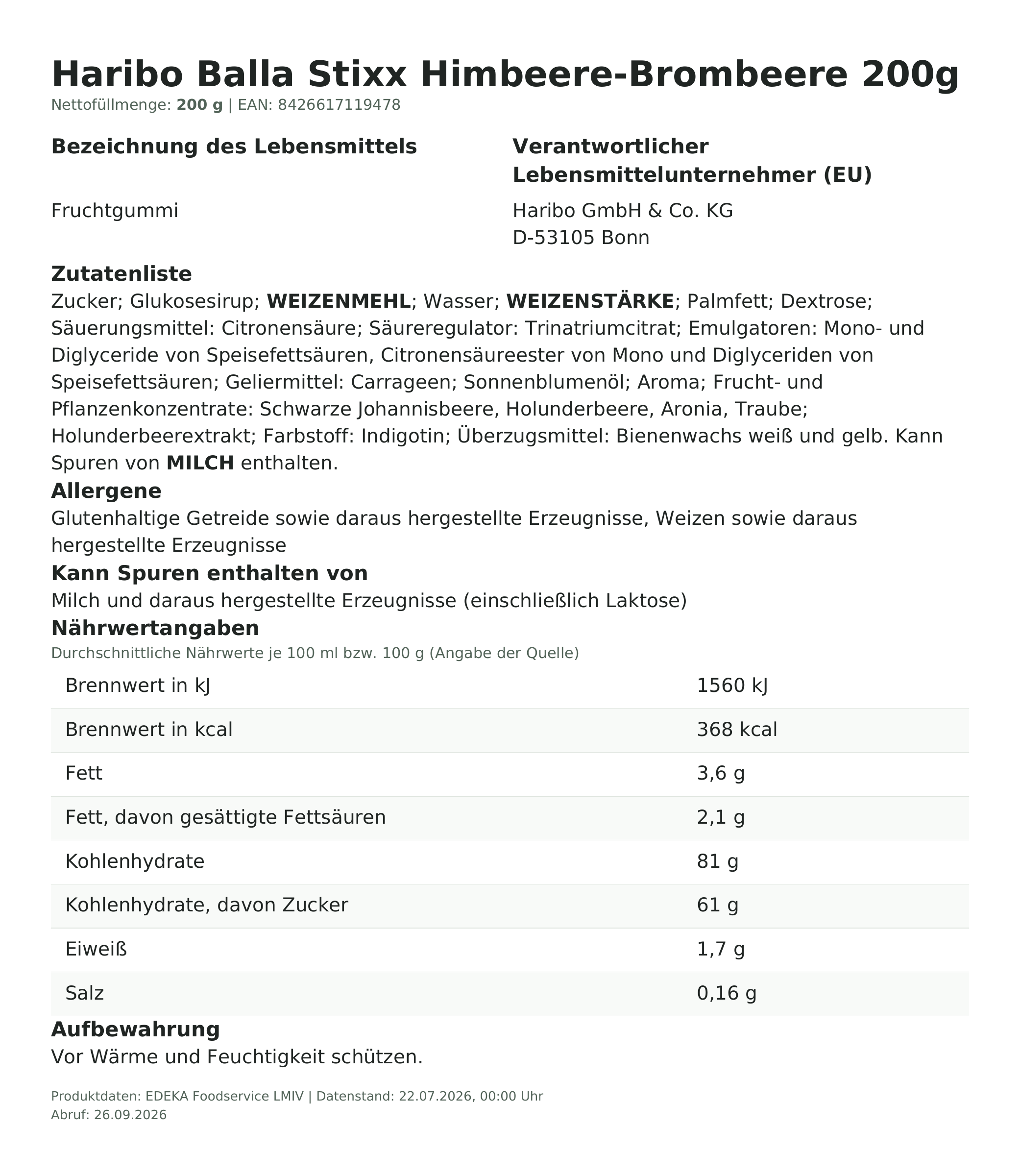 Produktinformationen – Haribo Balla Stixx Himbeere-Brombeere 200g