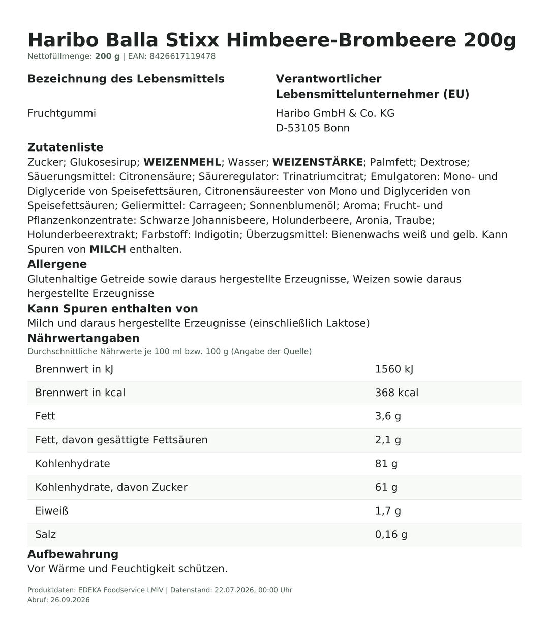 Produktinformationen zum Einzelprodukt – Haribo Balla Stixx Himbeere-Brombeere 200g