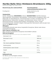 Produktinformationen – Haribo Balla Stixx Himbeere-Brombeere 200g