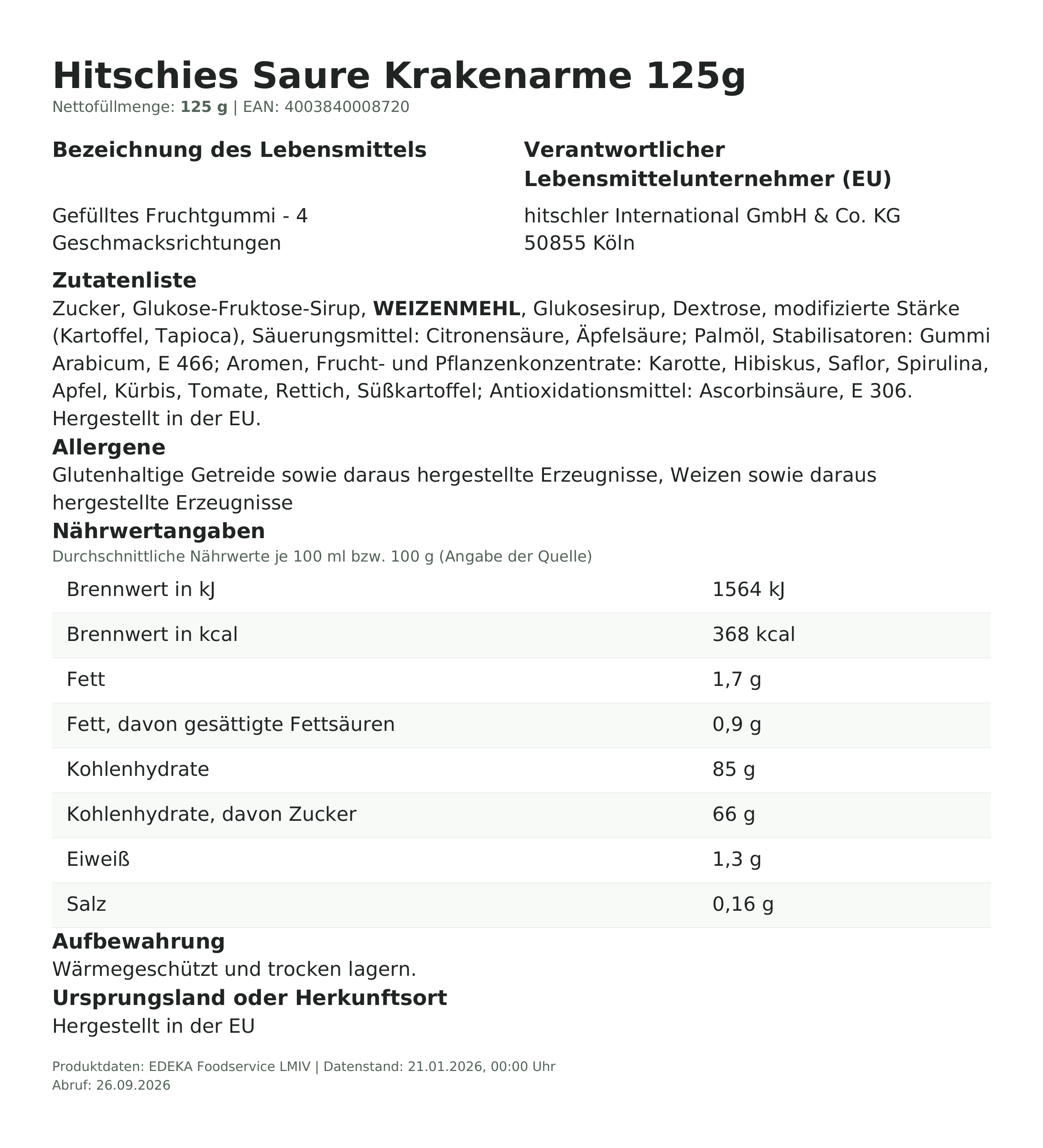 Lebensmittelinformationen: hitschies Saure Krakenarme 125g
