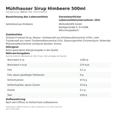 Produktinformationen – Mühlhauser Sirup Himbeere 500ml