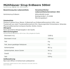 Produktinformationen – Mühlhäuser Sirup Erdbeere 500ml