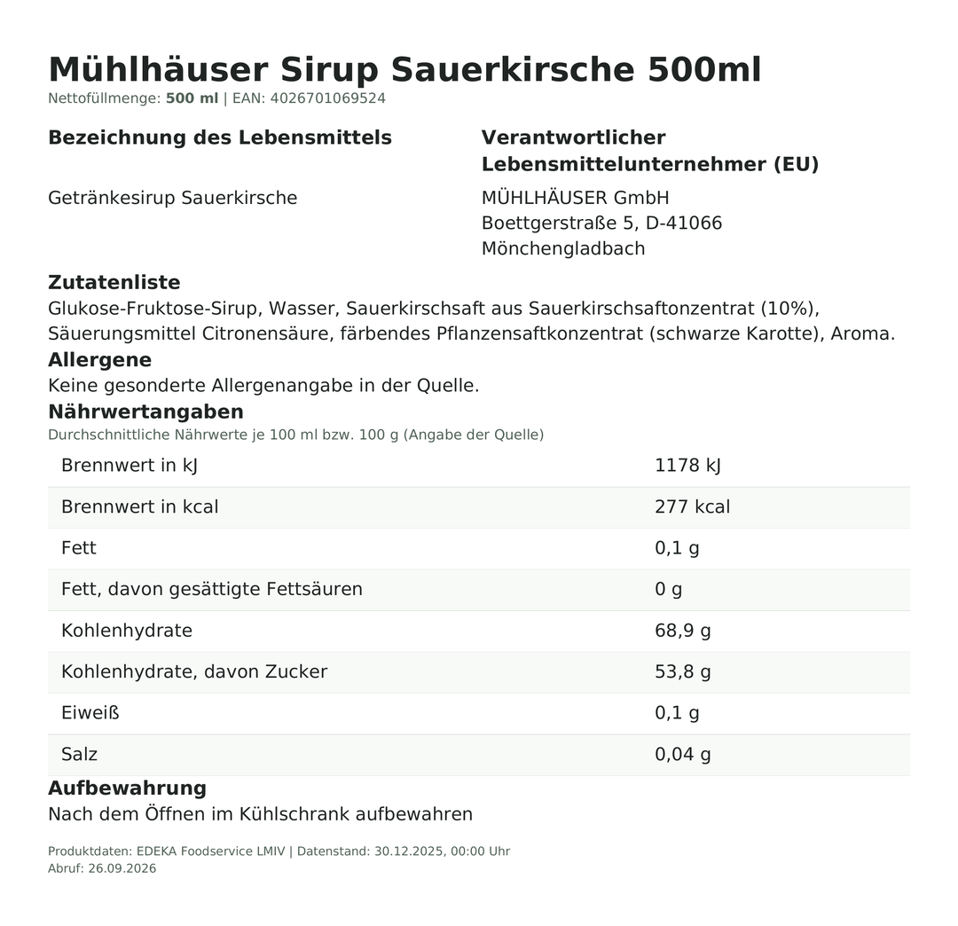 Produktinformationen zum Einzelprodukt – Mühlhäuser Sirup Sauerkirsche 500ml