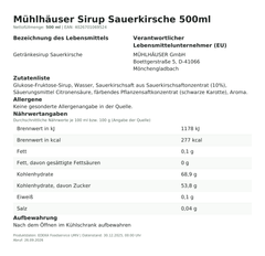 Produktinformationen – Mühlhäuser Sirup Sauerkirsche 500ml