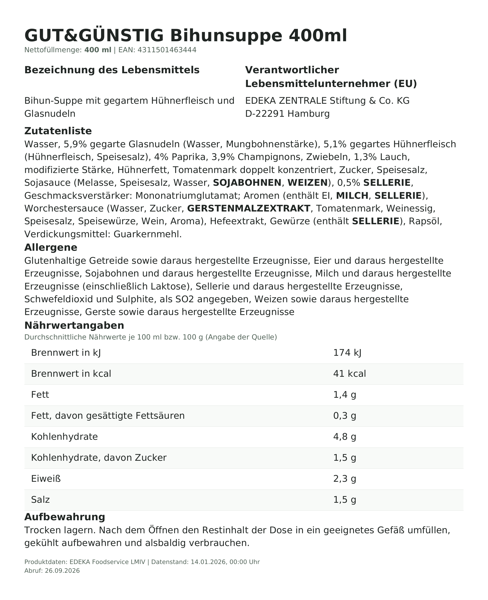 Produktinformationen – Gut&Günstig Bihunsuppe 400ml