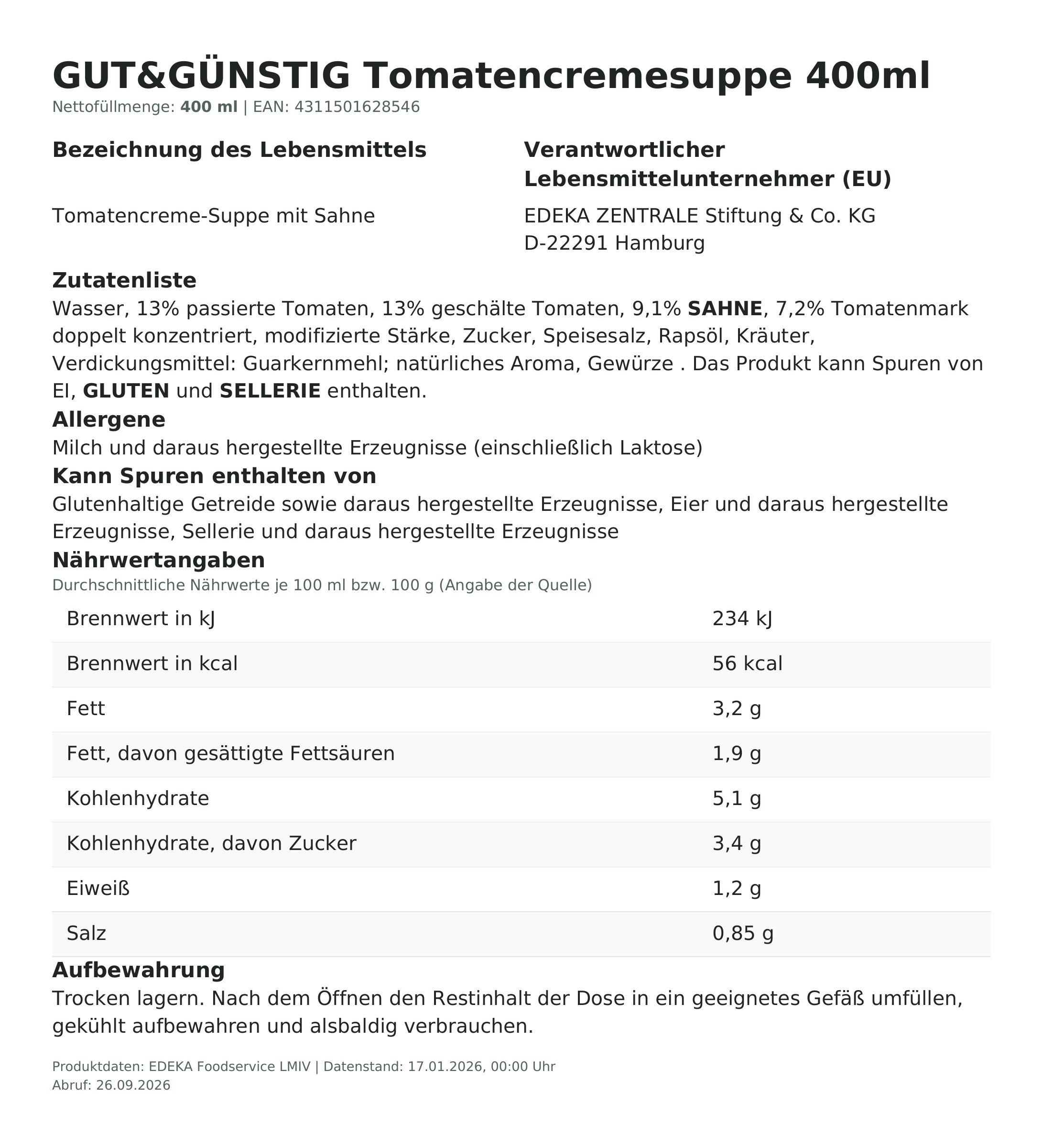 Tomatencremesuppe 400ml – Lebensmittelangaben